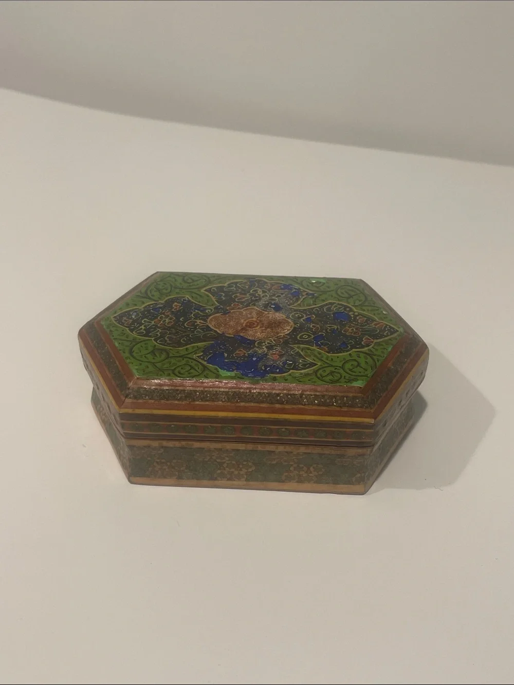 Vintage Hexagonal Decorative wooden Trinket Box Green & Blue